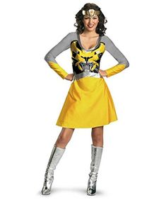 a woman in a yellow and gray costume