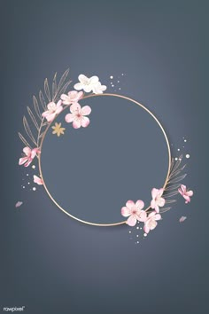 a circular frame with pink flowers and leaves on a dark background, in the shape of a circle