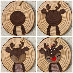 four pictures of reindeers made out of wood slices and yarn, each with an ornament on it