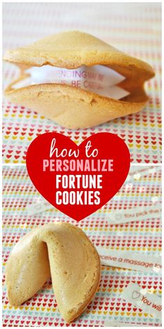 two heart shaped cookies with the words how to personalize fortune cookies