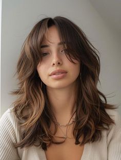 Wolfcut Hair With Curtain Bangs, Middle Hair With Bangs, Hair Cuts With Curtain Bangs Wavy, Hair Cut With Curtain Bangs For Girl, Long Layered Shag Haircut Curtain Bangs, Layered Hair With Short Curtain Bangs, Over Shoulder Haircut, Curtain Band Medium Hair, Mid Length Hair With Layers Curtain Bang