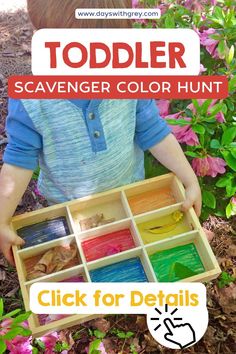 a toddler is holding a tray with different colored paint in it and the words toddler scavenger color hunt