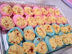 there are many deviled eggs in the tray