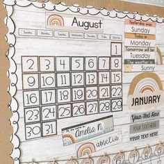 a bulletin board with calendars on it