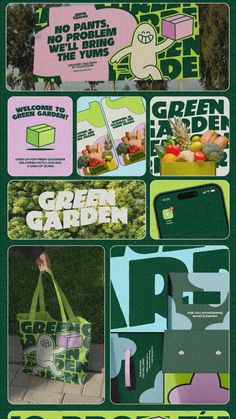 an advertisement for the green garden is shown in this graphic art work, with images and text