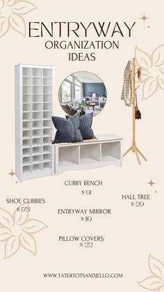 the entry way organization ideas flyer is shown with an image of a white bookcase