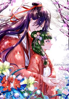 two anime characters are standing in front of some trees and flowers, one is holding the other