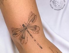 a woman's arm with a dragonfly tattoo on it, and an arrow in the middle