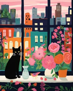 a black cat sitting on a window sill next to flowers