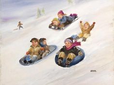 three children are sledding down a snowy hill