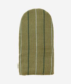 a green and white striped oven mitt