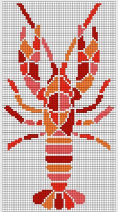 a cross stitch lobster pattern with red and orange stripes on it's back side