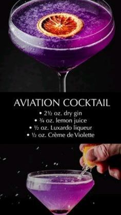 a purple cocktail with an orange slice on the rim in front of it and text that reads aviation cocktail