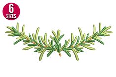 the embroidery pattern is showing an evergreen branch with green leaves on it and six sizes to choose from