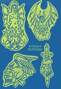 three different types of tattoos are shown in green and blue ink on a blue background