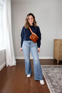 Petite high-rise flare jean in … curated on LTK Business Casual Blue Jeans, Casual Outfits With Straight Leg Jeans, Outfits With Flare Jeans Winter, Cropped Kick Flare Jeans Outfit, High Rise Straight Leg Jeans Outfit, Petite Flare Jeans Outfit, Flare Blue Jeans Outfit, Jeans Work Outfit Winter, Flare Jeans Outfit Work