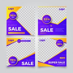 four purple and yellow sale banners with the same price tag on each side, in three different styles