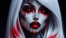 a woman with white hair and blood dripping down her face is shown in this digital painting