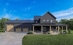 this is an artist's rendering of a modern farmhouse style home with two car garages