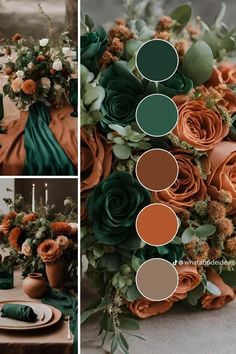 an orange and green wedding color scheme with greenery, flowers, candles and napkins