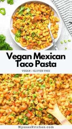 vegan mexican taco pasta in a white bowl with a wooden spoon