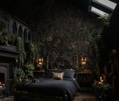 a bedroom with a bed, fireplace and plants on the wall in front of it