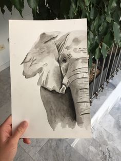 a person holding up a drawing of an elephant in front of a plant with leaves