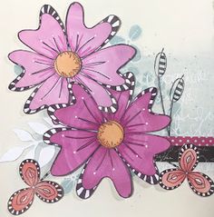 some pink flowers and butterflies on a white background