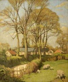 a painting of sheep grazing in a field