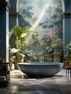 a bathtub sitting in the middle of a room filled with plants