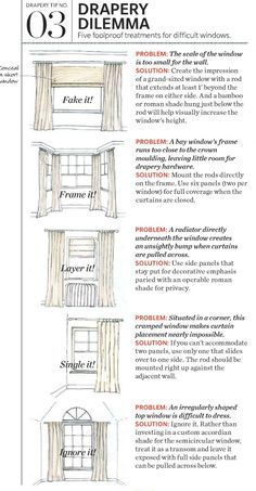 the diagram shows how to draw curtains for different types of window styles and sizes, with instructions