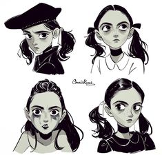 four different drawings of girls with long hair and big eyes, one wearing a hat