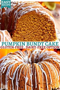 a pumpkin bundt cake with white icing on top and the words gluten - free, dairy - free option