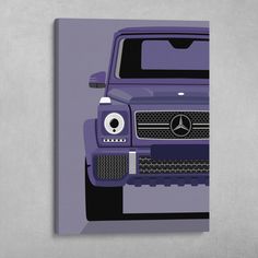 a purple poster with the mercedes benz logo on it's front and back end