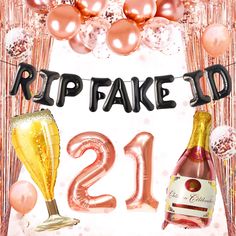 the 21st birthday card features champagne and balloons