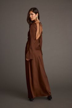 Strokes Mocha Long Sleeve Plunge Satin Maxi Dress Neutral Floral Dress, Chocolate Brown Formal Dress, Satin Full Sleeve Dress, Brown Bridesmaid Dresses, Brown Maxi Dress, Going Out Style, Full Sleeves Dress, Long Sleeve Bridesmaid Dress, Fall Sweater Dress