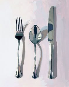 three forks, two knives and one spoon on a white tablecloth with pink background