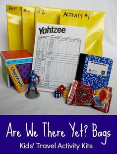 there is a bag with some toys in it and the words are we there yet? bags kids'travel activity kits