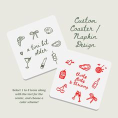 two coasters with different designs on them and the words, custom coaster / napkin design