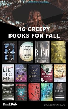 books for fall with an umbrella over them and the title, 16 creepy books for fall