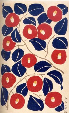 a blue and red flowered design on a white paper with dark green leaves in the center