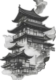 an ink drawing of a pagoda with clouds in the sky and trees on top of it