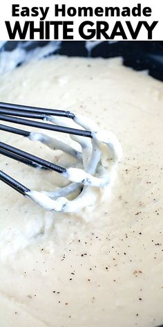 an image of homemade white gravy being whisked with black and white whip cream