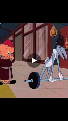 an animated image of a cat and dog in the middle of a gym with dumbbells