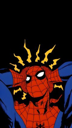 the spider - man is looking at something with his hands on his head and eyes open