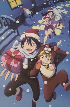 an anime scene with people dressed as santa claus and other characters running in the snow