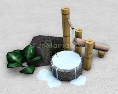 an animated image of a rock and some bamboo poles in the sand with a plant growing out of it