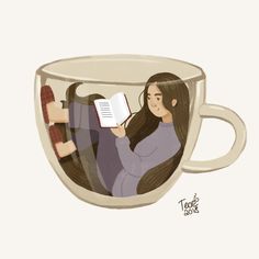 two people are sitting in a coffee cup with a book on the inside and one is reading