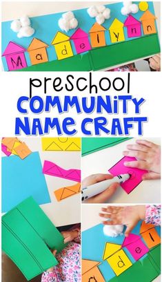 this is a collage of pictures with the words preschool community name craft on it