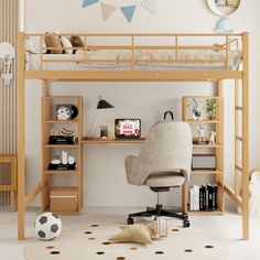 a bedroom with a loft bed, desk and chair next to a soccer ball on the floor